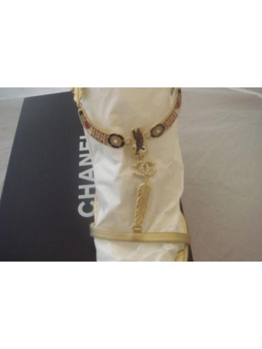 Chanel Gold Logo Charm Sandals with Pearl & Feathers, Ankle Strap, Size 41